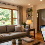 Modern smart home interior with a smart thermostat, automated lighting, smart speaker, security camera, and mobile app control for home automation and energy efficiency.