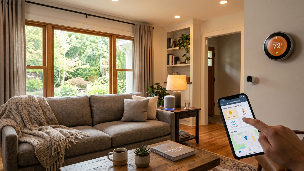 Modern smart home interior with a smart thermostat, automated lighting, smart speaker, security camera, and mobile app control for home automation and energy efficiency.